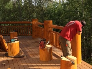 MH_WoodS's tweet image. A deck restoration project for one of our long time clients near Sherwood Park. Our crew replaced support posts under the deck that had rotted and then replaced the railing along the upper deck.  Stain used was Lifeline Ultra 2 in Autumn Gold. #logcabin #logbuilder #cabinlife