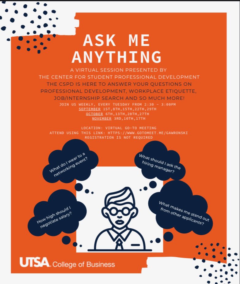 PBWS_UTSA's tweet photo. Hi ladies! The CSPD has 30 minute workshops weekly on Tuesdays and Fridays that could improve your workspace skills! These are also a good opportunity for you to earn points!🤩
#utsacob #utsacspd #professionaldevelopment #professionalwomen #pbwsutsa https://t.co/BBLL9rm7zD