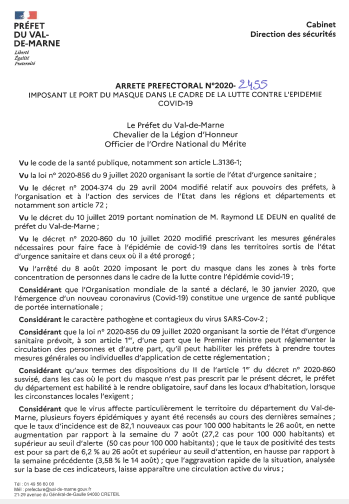 Prefet94's tweet photo. #COVIDー19 😷

Suite à l'évolution sanitaire dans le #ValdeMarne et après consultation des élus du territoire, le @Prefet94 a étendu l'obligation du port du masque dans les espaces extérieurs à l'ensemble du département à compter du 28 août à 8h00.

➡️https://t.co/hvFCjItEvL https://t.co/33pTPvDcEu