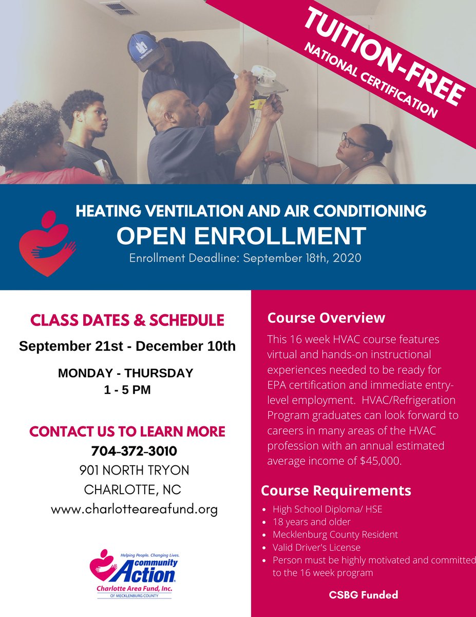 CLTAreaFund's tweet photo. OPEN ENROLLMENT: Apply today for our upcoming TUITION-FREE #HVAC #certification course. Follow the link below to #applynow! Contact Angela Grier for more information at angelag@charlotteareafund.org.
https://t.co/1bnJgUTThs #communityactionworks #CommunityActionCLT https://t.co/SoueO0bcbu