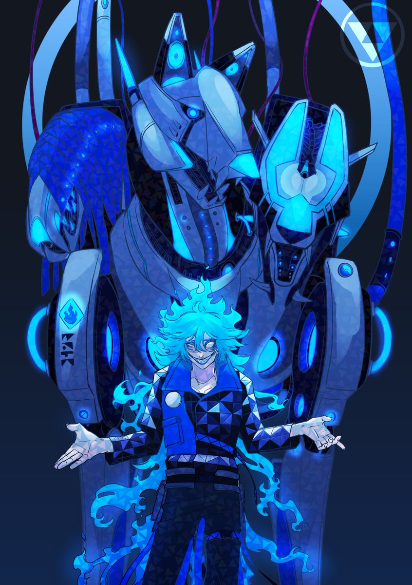 blue hair long hair male focus 1boy sharp teeth headphones teeth  illustration images