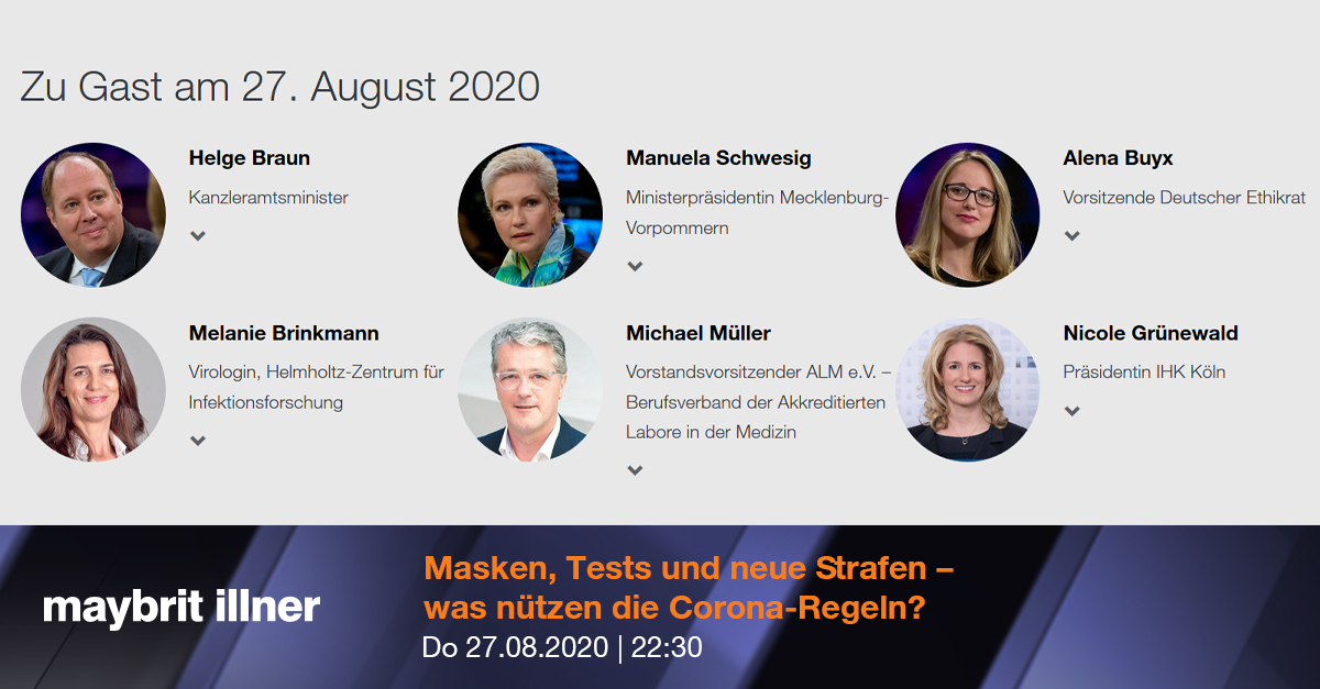 Hier die Gästeliste für heute Abend – 22:30 Uhr – im <a href="/ZDF/">ZDF</a>

"Masken, Tests und neue Strafen – was nützen die Corona-Regeln?"
Mehr Infos auf unserer Homepage
👉kurz.zdf.de/xpfE/
<a href="/HBraun/">Helge Braun</a> <a href="/ManuelaSchwesig/">Manuela Schwesig</a> <a href="/alena_buyx/">Alena Buyx</a> @ihkkoeln <a href="/Helmholtz_HZI/">Helmholtz-Zentrum für Infektionsforschung –inaktiv</a> @ALMevTeam #Masken #Bußgeld #illner