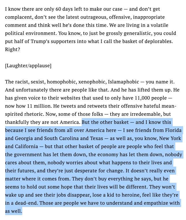 7. The "Deplorables" quote was about how Trump was elevating some of the worst most extreme voices with retweets and whatnot (remember the "sheriff's star" *wink wink*?), but that it was important to understand that there were good people who supported him, too.