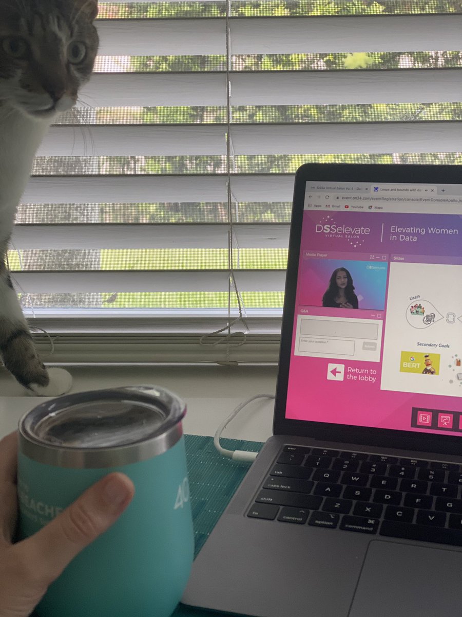 AnnaOnTheWeb's tweet photo. Enjoying @DataSciSalon’s #DSSElevate virtual conference with a cup of joe ☕️ and Captain Todd 😺💜 https://t.co/wMG6e7GPOo
