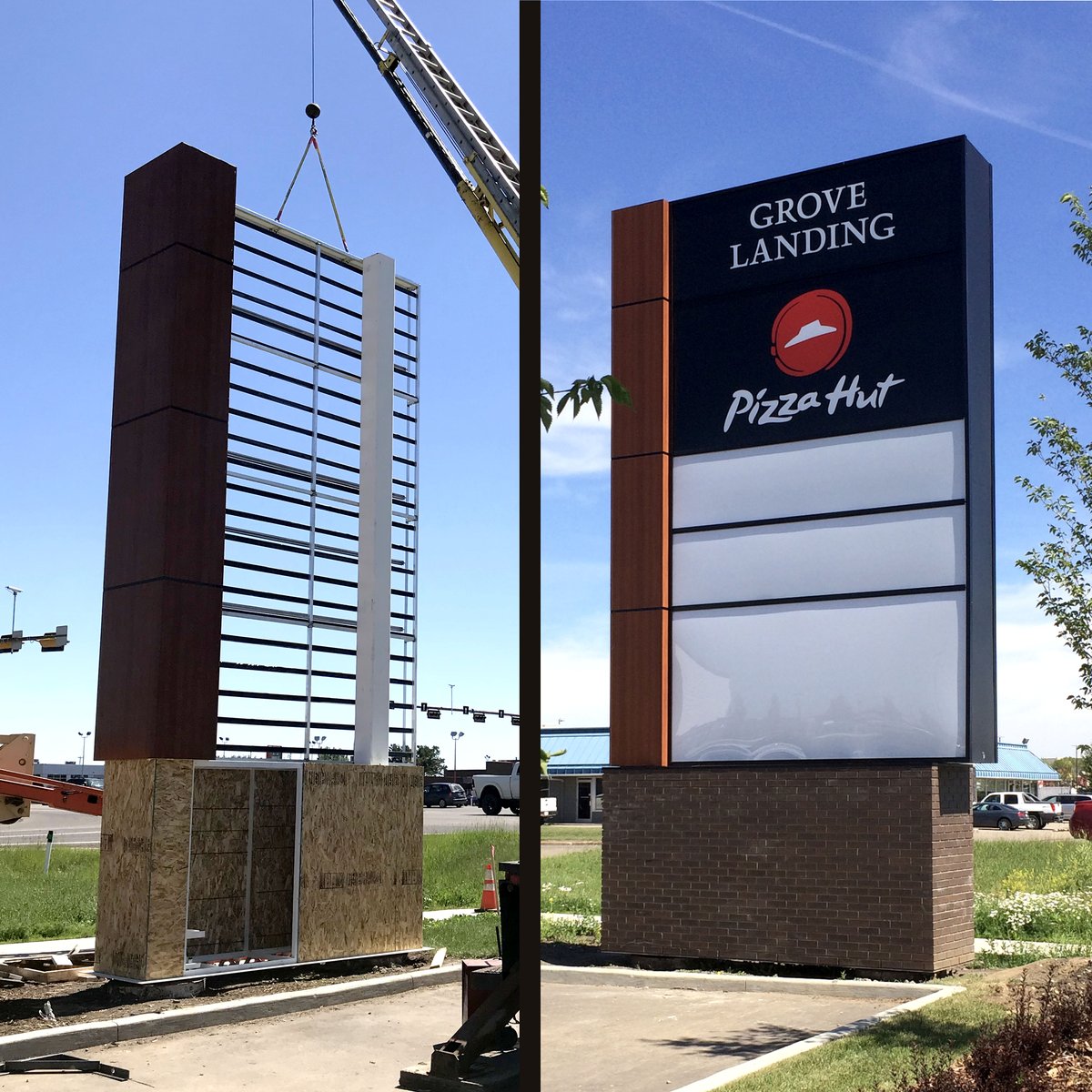 CityImageSigns's tweet image. Here is a throwback to 2018 when we put up this sign for Grove Landing in Spruce Grove. This freestanding sign is built with HSS poles, aluminum, gunstock steel panels, illuminated tenant cabinet signs and brick masonry on the base. #FreestandingSign #SignsThatLast #SpruceGrove