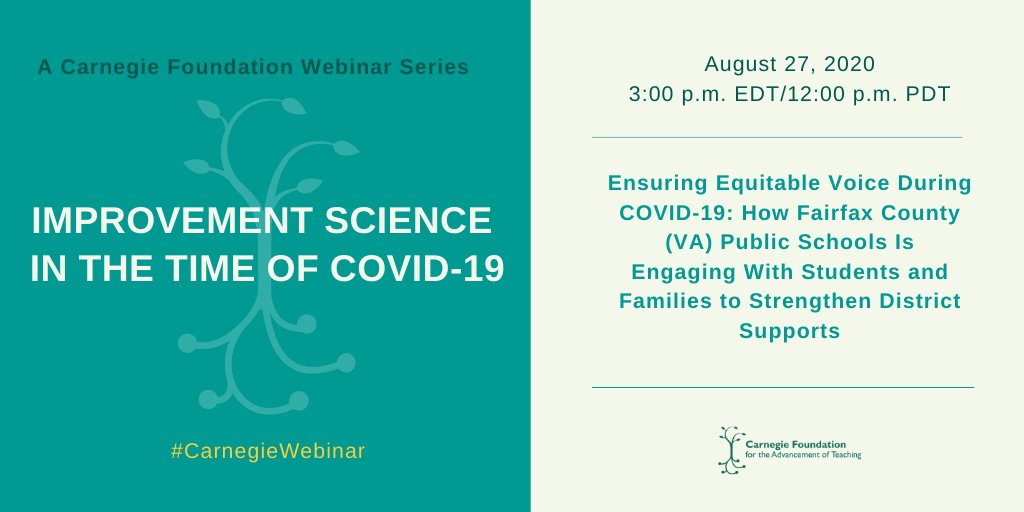 Don't miss the #CarnegieWebinar TODAY at 3pm EDT/ 12pm PDT with <a href="/fcpsnews/">Fairfax Schools 🌟</a>/<a href="/FCPS_ISD/">FCPS Instruction</a> and <a href="/MasonCEHD/">George Mason CEHD</a> leaders from the #iLEAD network. Learn about how these partners are using improvement science to strengthen coherence, #equity, and engagement. Register now: cfdn.at/2QtRH0f