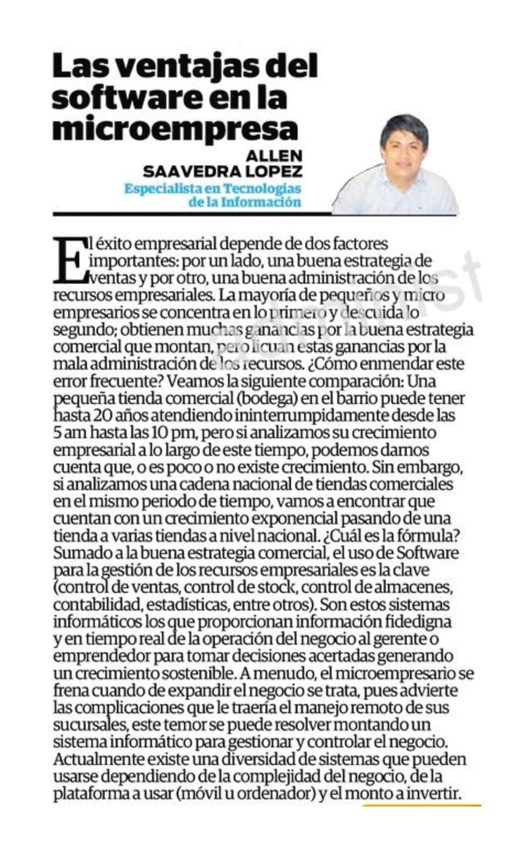 LenSL's tweet image. 📢 Les comparto mi opinión "Las ventajas del software en la microempresa"👨‍💻
📰 Diario El Correo - Edición Piura  | 🗓️12 de Julio 2020 
#piura #software #microempresa
