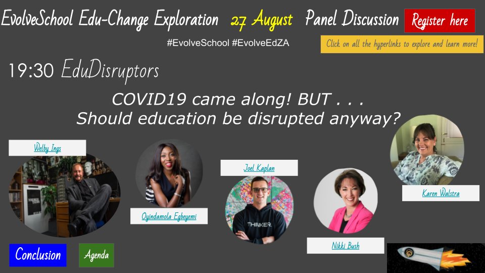 KEvolveschool's tweet photo. Our last discussion is on now! Be sure to join our live stream to listen to this panel of incredible EduDisruptors.
#EvolveSchool #EvolveEdZA https://t.co/pKAPhQJOeg