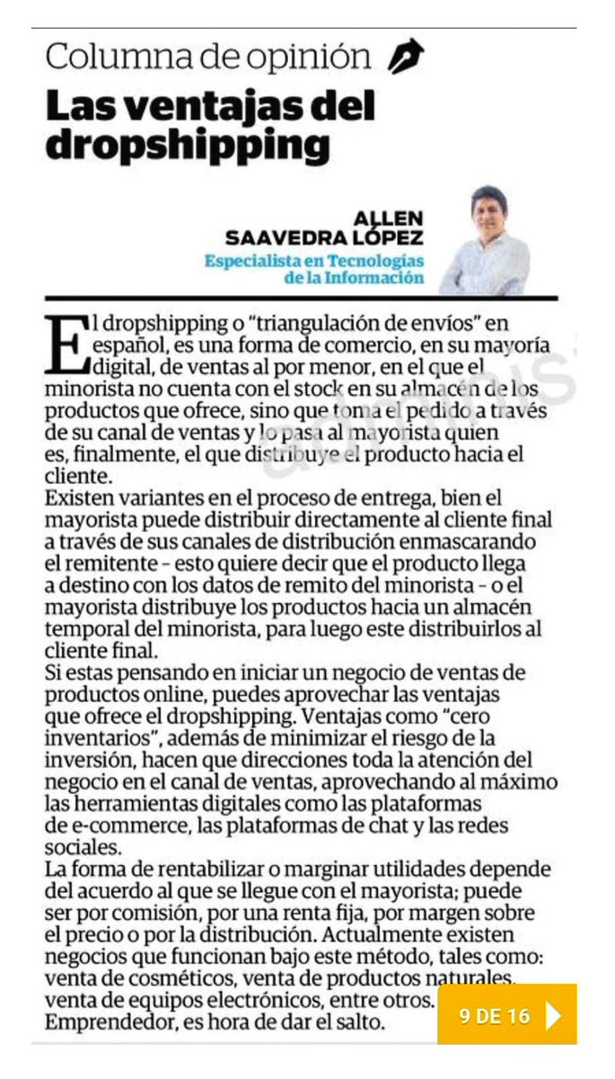 LenSL's tweet image. 📢 Les comparto mi artículo "Las ventajas del dropshipping" 👨‍💻 📰 Diario El Correo - Edición Piura  | 🗓️17 de Agosto 2020
#piura #software #microempresa