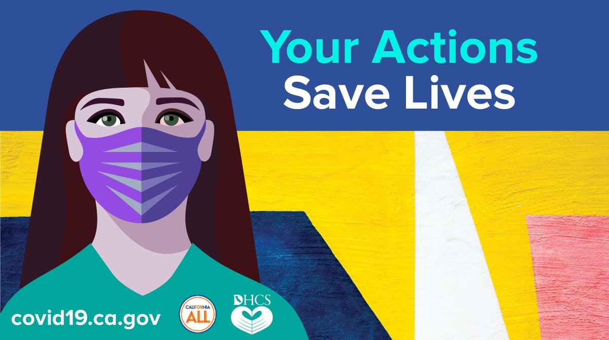 DHCS_CA's tweet photo. Our actions matter. Our actions save lives. Together let's protect California and #SlowTheSpread of #COVID19.
🔹Wear a mask or face covering
🔹 Maintain six feet of distance
🔹 Wash your hands with soap
🔹 Avoid mixing households
#YourActionsSaveLives https://t.co/P9Dj1BSfaV