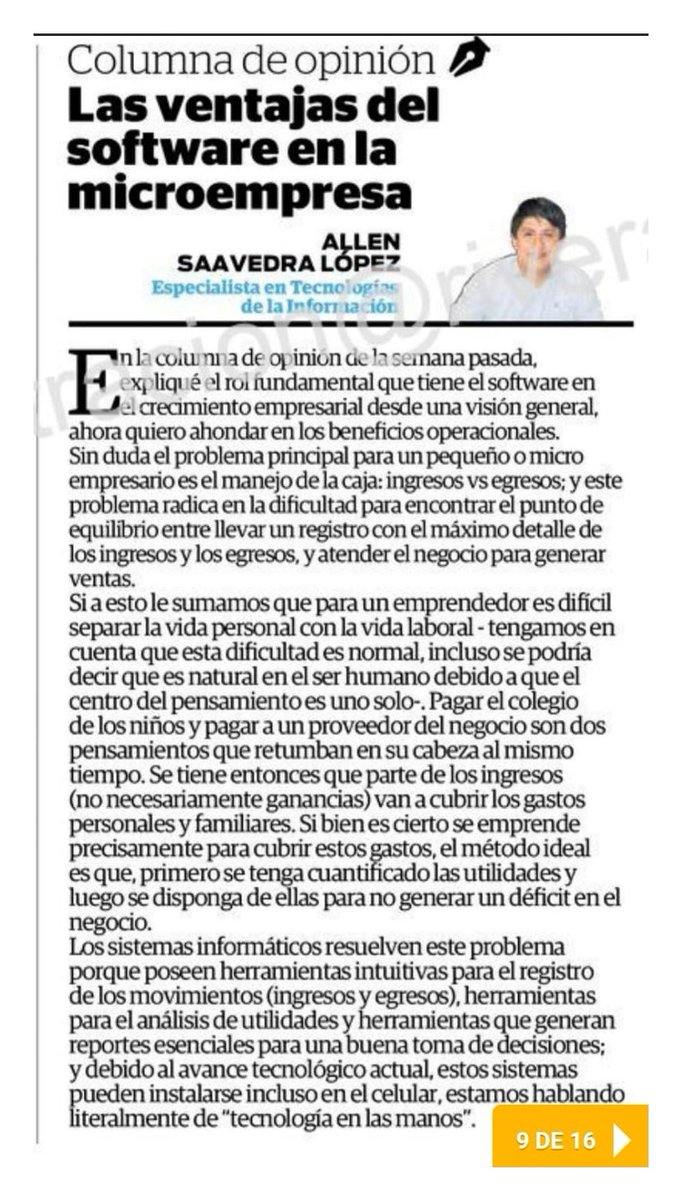 LenSL's tweet image. 📢 Les comparto mi artículo "Las ventajas del software en la microempresa" Segunda Parte👨‍💻 📰 Diario El Correo - Edición Piura  | 🗓️20 de Julio 2020
#piura #software #microempresa