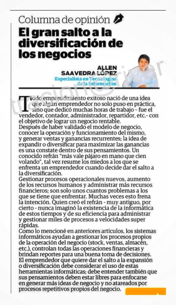 LenSL's tweet image. 📢 Les comparto mi artículo "El gran salto a la diversificación de los negocios" 👨‍💻 📰 Diario El Correo - Edición Piura  | 🗓️03 de Agosto 2020
#piura #software #microempresa