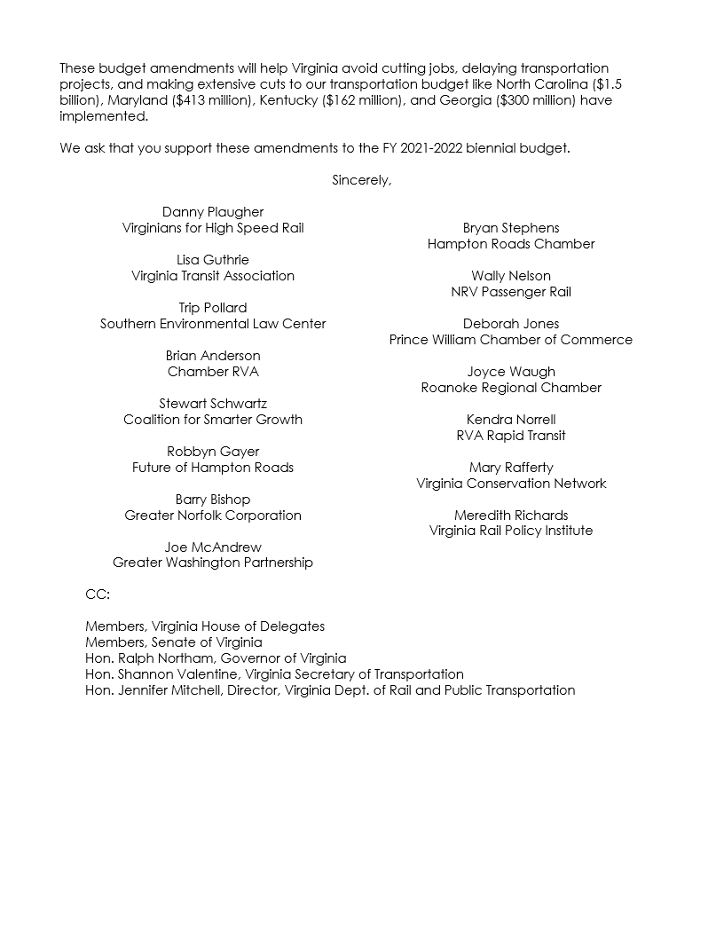 VHSR's tweet photo. A coalition of business, environmental, &amp; transportation orgs endorse @GovernorVA transportation budget amendments. @VaTransitAssoc @selc_org @ChamberRVA @betterDCregion @GW_Partnership @Chamber757 @NRVrail2020 @PWChamber @RoanokeChamber @RVARapidTransit @VCNVAorg #VRPI #GNC #FHR https://t.co/XchdlQeCdF