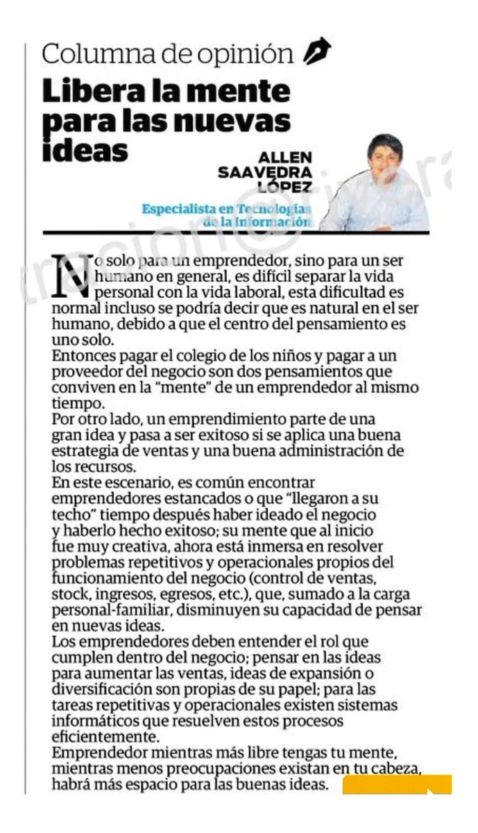 LenSL's tweet image. 📢 Les comparto mi artículo "Libera la mente para las nuevas ideas" 👨‍💻 📰 Diario El Correo - Edición Piura  | 🗓️10 de Agosto 2020
#piura #software #microempresa