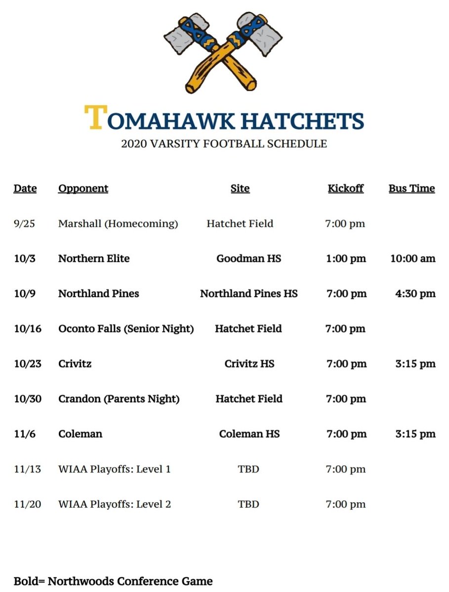 SamHrnndz's tweet photo. Updated @TomahawkFB schedule.

#gohatchets🪓 #PROVEIT https://t.co/RWzJdVJacv
