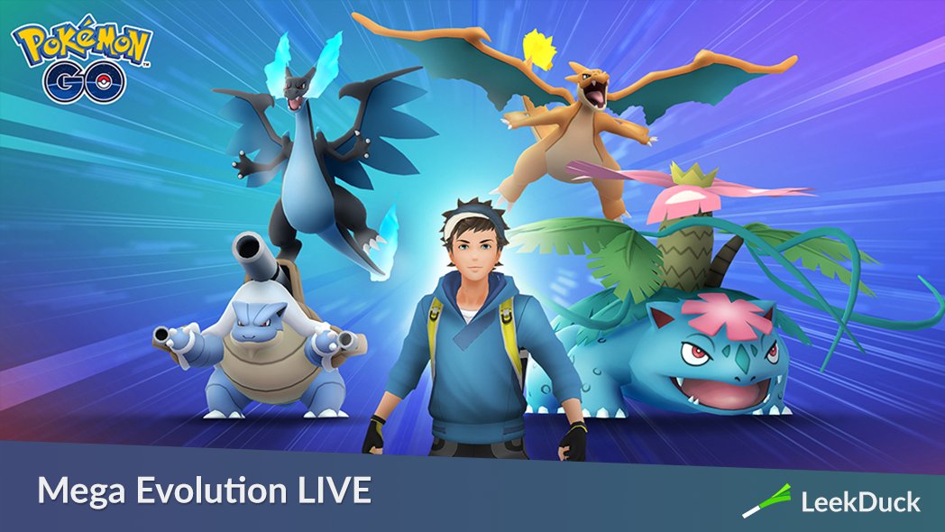 LeekDuck's tweet photo. The new Mega Evolution feature is now live. 

• Raid against Mega Venusaur, Mega Charizard, Mega Blastoise to earn Mega Energy
• A new Mega Evolution–themed Special Research, A Mega Discovery, is available. Complete it to help Beedrill Mega Evolve through Beedrill Mega Energy. https://t.co/hlOBow9WG0