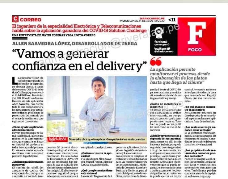 LenSL's tweet image. Les comparto mi entrevista en el "Diario Correo" - Edición Piura | 24 de Agosto 2020📰
#Trega - App de Delivery
Ganadora del concurso COVID19 Solution Challenge🥇 
trega.app
Fundación Telefónica | Open Future | BID Lab | Hub Udep | Universidad de Piura
#piura #udep