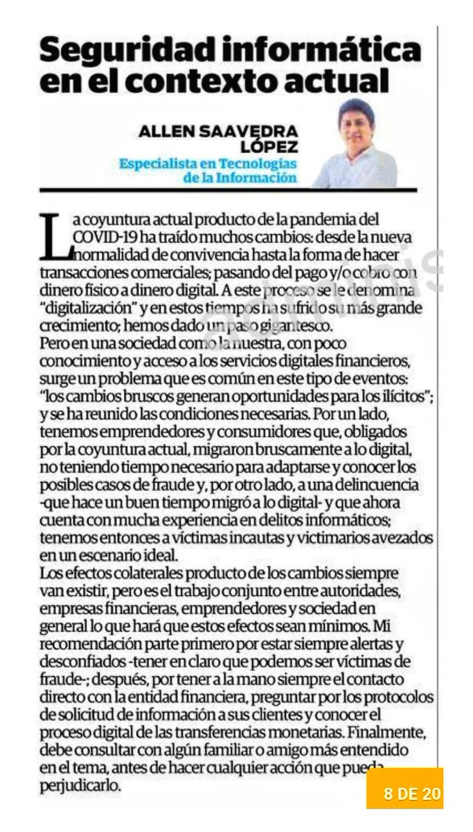 LenSL's tweet image. 📢 Les comparto mi Artículo "Cuidado con el fraude Informático" 👨‍💻 📰 Diario El Correo - Edición Piura  | 🗓️27 de Agosto 2020
#piura #software #microempresa
