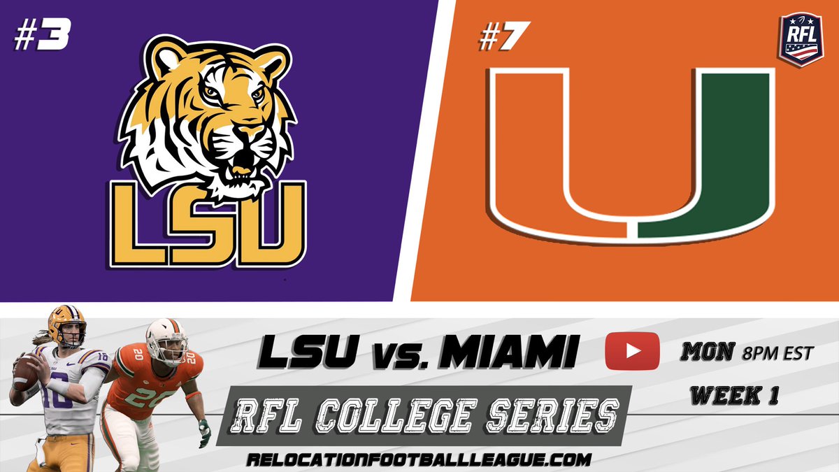 RFL_Sim_League's tweet photo. 1st Game of the RFL College Series Is 4 Days Away! #3 ranked LSU travels to Florida to take on #7 ranked Miami! Been a lot of talk during the offseason, who’s going to back it up? #RFL #CollegeSeries #Series2 #CollegeFootball #LSU #Miami #SEC #ACC #Madden20 #Madden21 #Esports https://t.co/qKecLAcSxP