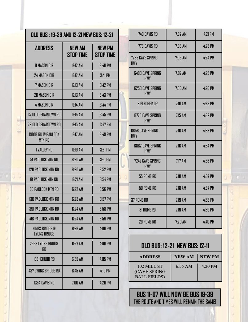 CoosaMiddle's tweet photo. Please see the information below as there have been some changes to several of our bus routes in the Coosa and Cave Springs Area. #EaglesForTheWin #BetterThanYesteday https://t.co/CH58AnNfBX