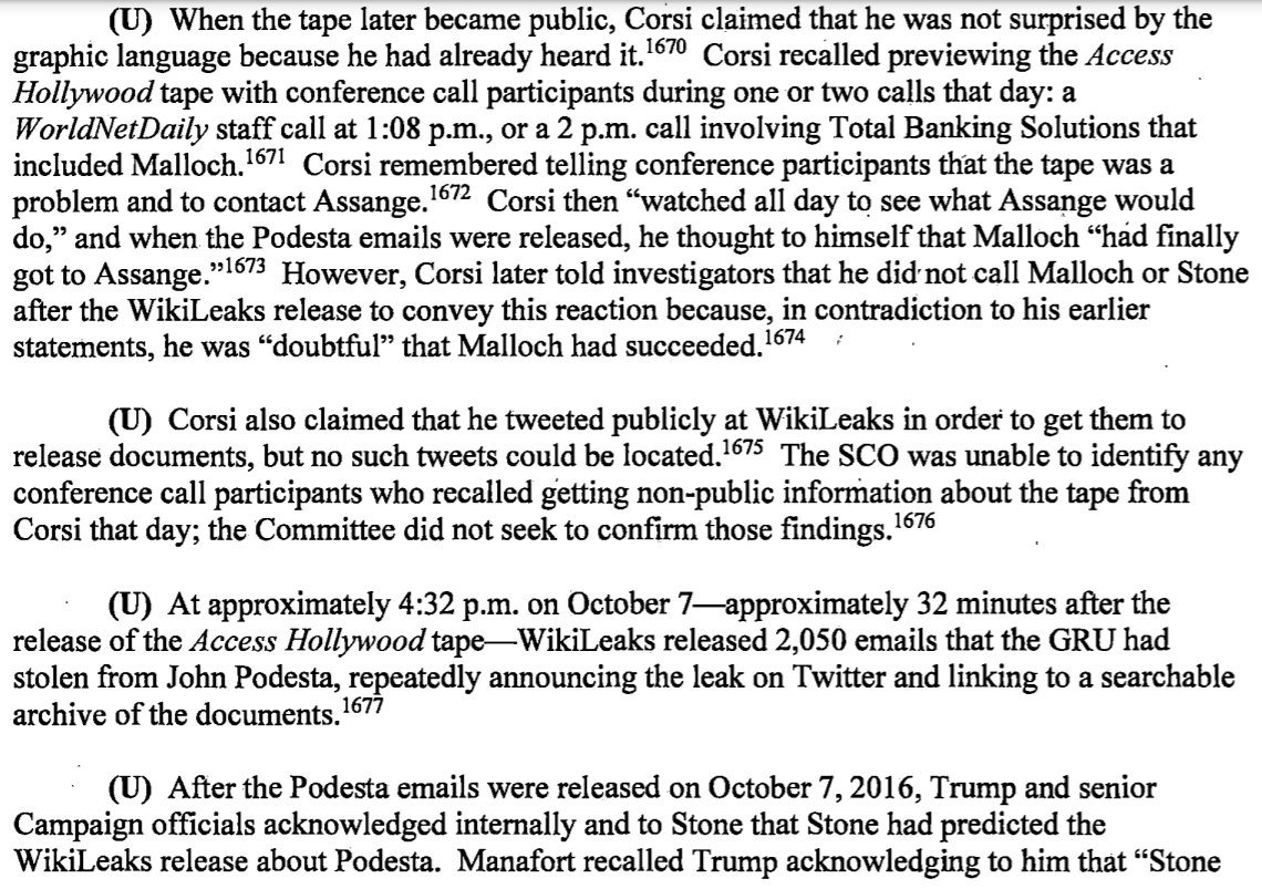It found that when a tape was about to surface showing Trump boasting about sexual assault, his advisers leaned on WikiLeaks to release emails stolen from Hillary Clinton's campaign by Russian intelligence to divert public attention. WikiLeaks started doing so 23 minutes later.
