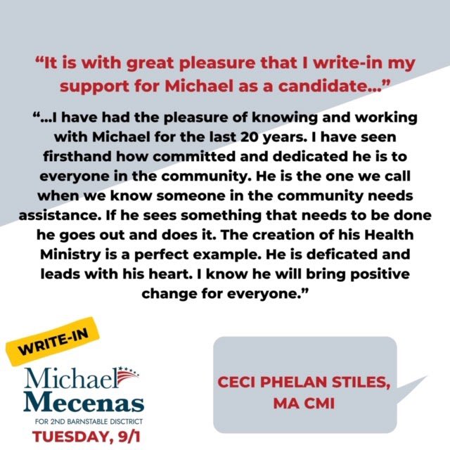 michaelmecenas's tweet photo. Just ONE more day for Early Voting. Do you know where to go and how to WRITE-IN Michael Mecenas? Check here: https://t.co/iHnqOmaNOU

#barnstable2gether #writeinmichaelmecenas #mapoli https://t.co/znTwnT0s2r