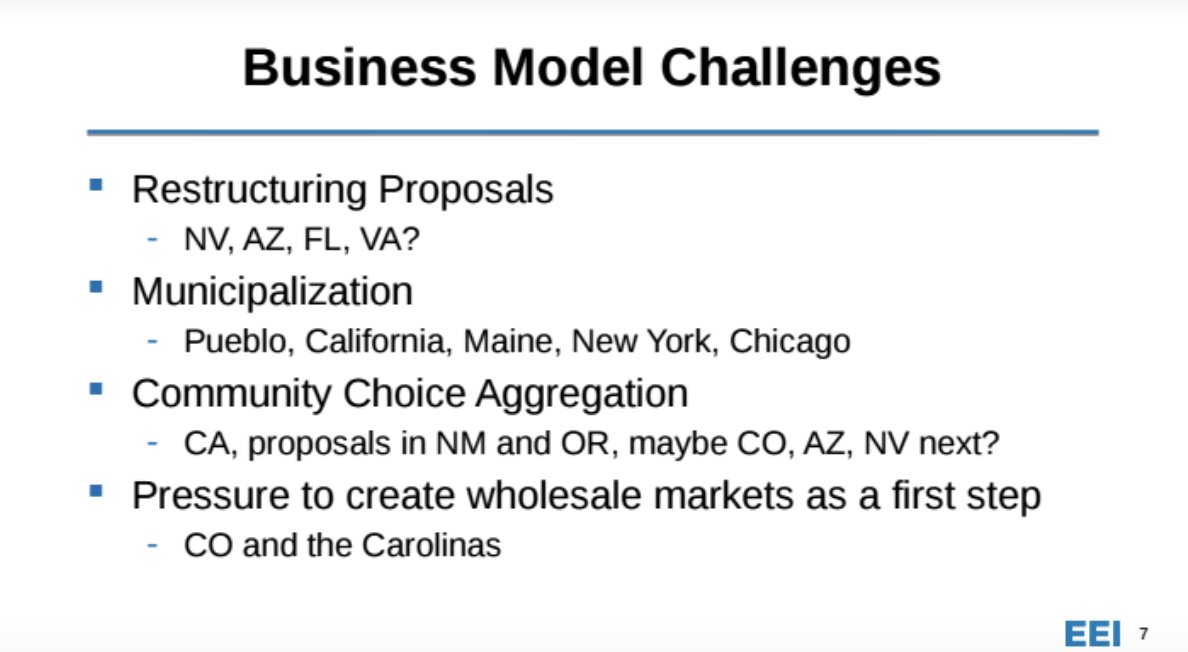 An EEI operative laid out a list of challenges facing the sector, including efforts to transition away from gas use in buildings, opposition to gas pipelines, moves toward wholesale markets in the West and Carolinas, and municipalization efforts. 3/10