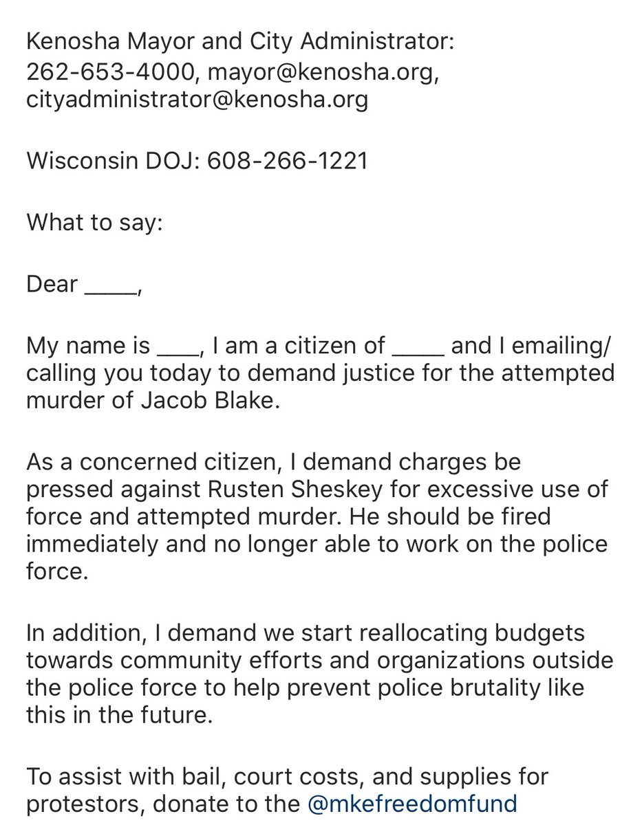 Go here:  https://www.kenosha.org/government/boards-and-commissions/police-fire-commission file a complaint at The City of Kenosha - Police and Fire Commission. Call, email, pressure - use this template by  @ElaineWelteroth - the board of their commission, listed on the site and demand that Officer Rusten Sheskey be held