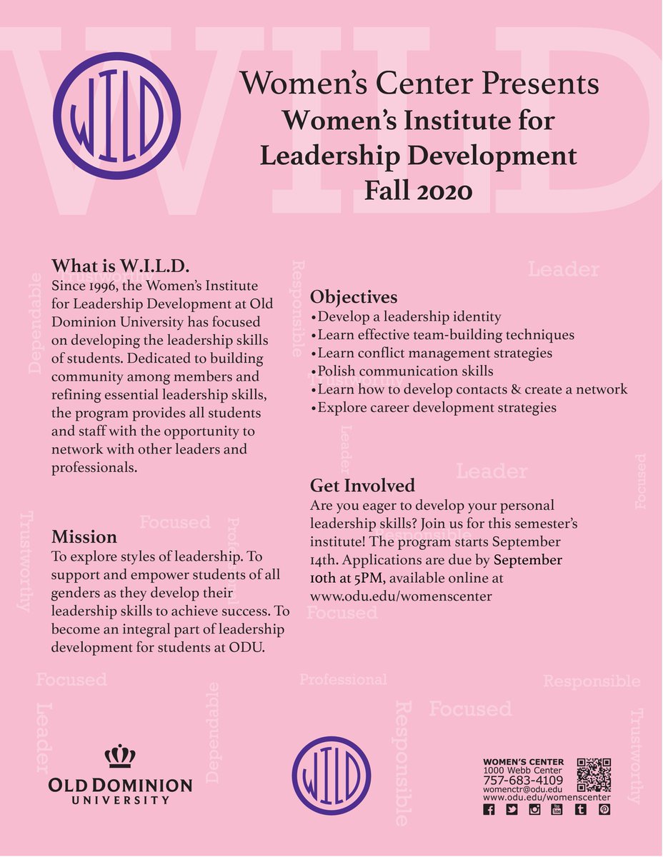 ODU Women's Center on Twitter: "Interested in developing your leadership skills? Join W.I.L.D for our Fall 2020 session! The program is open to all Monarchs students. The program starts September 14, 2020.
