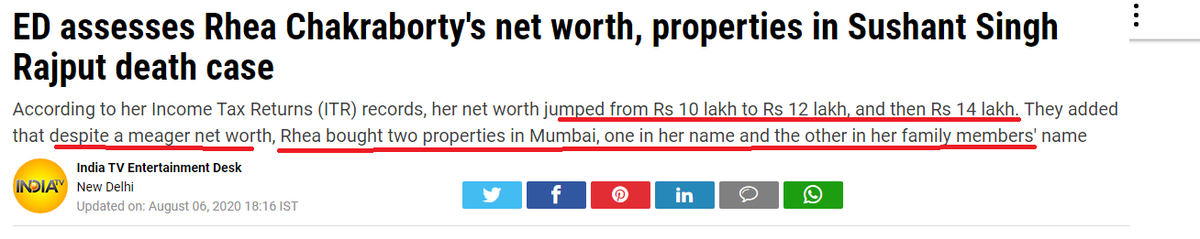4. If Rhea claims to pay her own money, what is the source of her income? According to ED, Rhea claimed her net income was 10-14 Lakhs/annum. With this amount she has bought 2 properties in Mumbai worth crores & provides no account of money.