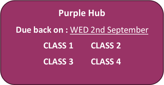 OfficeSjv's tweet photo. Well its back to school next week :-) !!
Each hub is only in for 1 day during the first week back:
Purple Hub will only be in school on Wed 2nd September. Classes in Purple Hub are:
Class 1-@MissMurphySJV,
Class 2-@MrWood_SJV,
Class 3-@MrHealey1 and
Class 4-@misswalshsjv. https://t.co/iUa0K62qrK