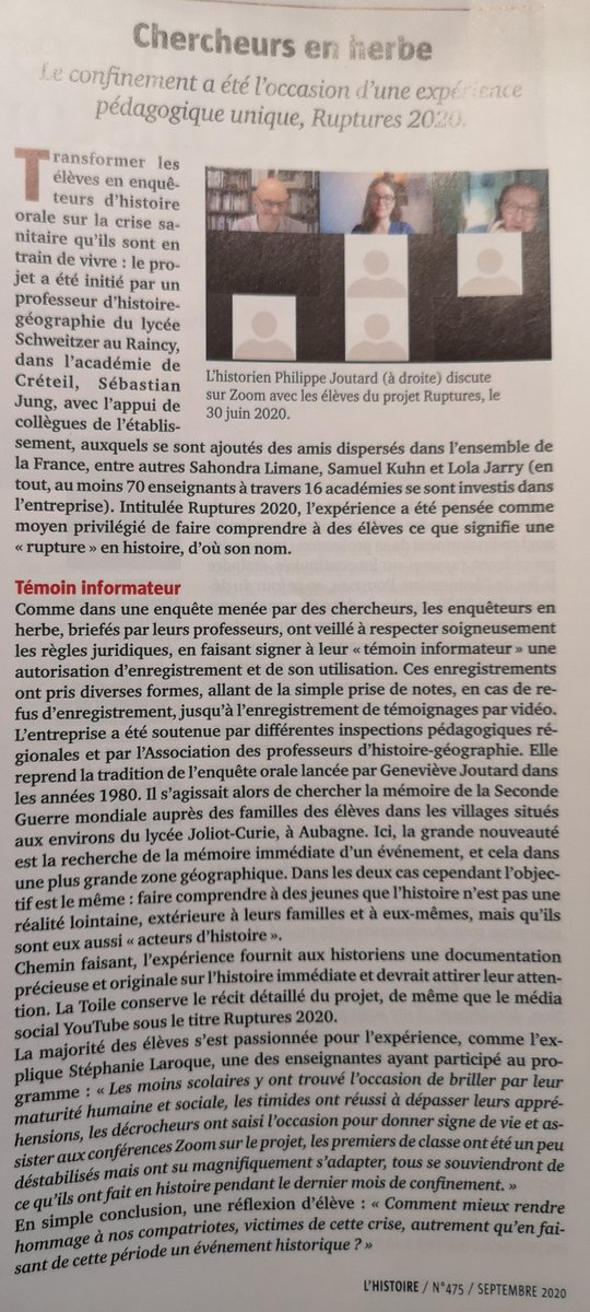 samkuhn74's tweet photo. Très heureux de ce bel encadré que consacre Philippe Joutard au projet #Ruptures dans son article publié dans le dernier numéro de @maglhistoire https://t.co/f6RLkvtKQl