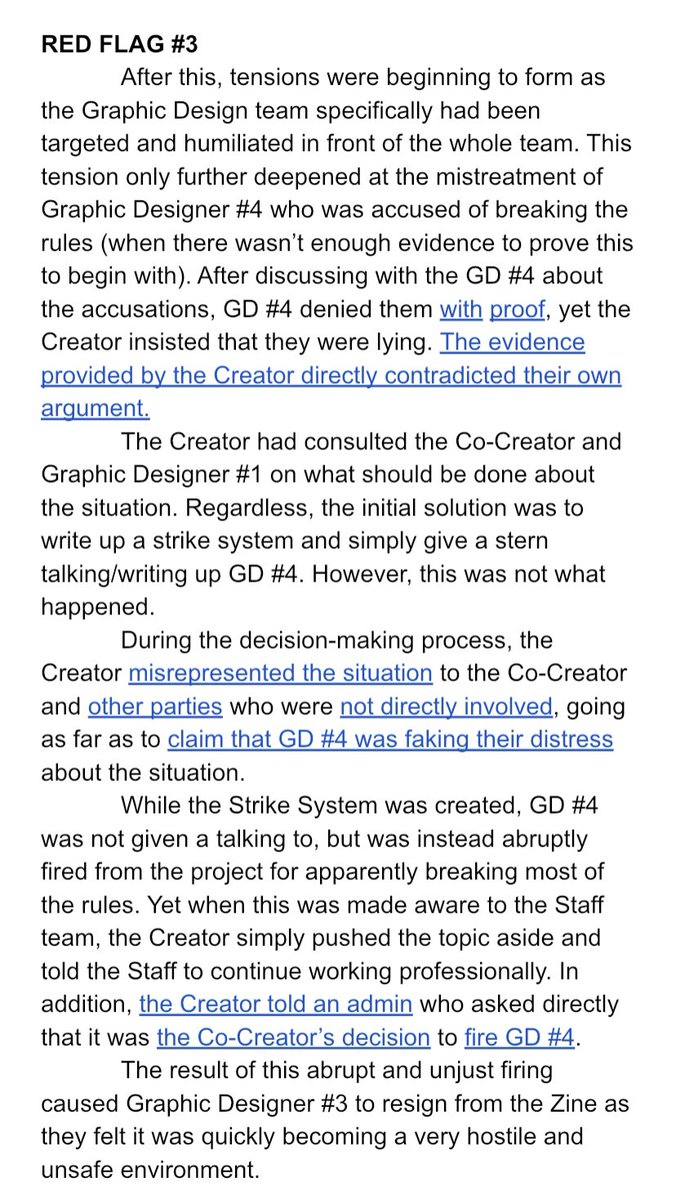 RED FLAG 3: After the GD team was already upset over how the Creator handled things, GD4 was accused of breaking the rules with minimal proof and the Creator contradicting themselves with their evidence. GD4 was fired, with conflicting reports on why and who made the decision.