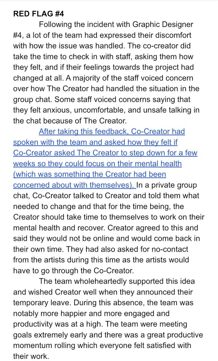 RED FLAG 4: Afterwards, the team expressed discomfort with how the situation was handled. Co-Creator stepped in asking members how they would feel if they took over before asking Creator to take a break.