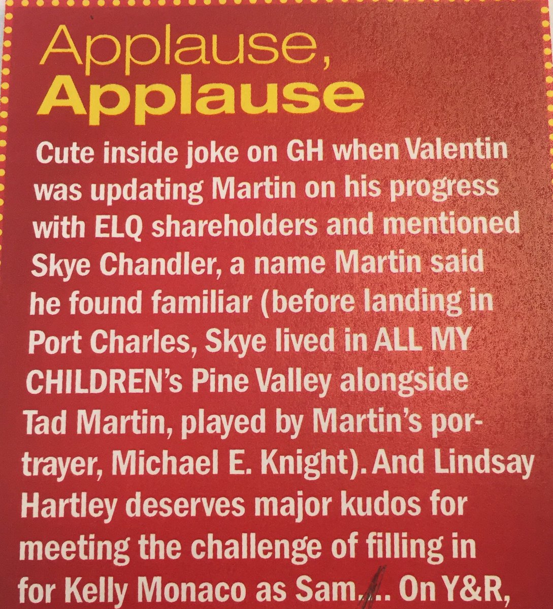 valentinifrank's tweet photo. Congrats the wonderful #MichaelEKnight ⁦@japastu⁩ and ⁦@L_Hartley⁩ for being recognized in ⁦@SoapDigest⁩’s “Applause, Applause” section! ⁦@GeneralHospital⁩ #GH https://t.co/FudCwNF1Hz