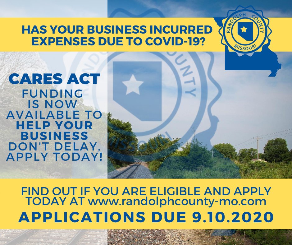 Randolph County is accepting applications for COVID-19 incurred expenses. Complete an application by 9.10.2020 to receive help with operational needs, mortgage payments, utilities, or supplies. Find application at bit.ly/2DwFbKf #randolphcountymo #caresact #covid19