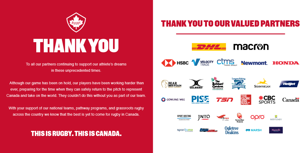 To all our partners continuing to support our athlete's dreams in these unprecedented times. | À tous nos partenaires qui continuent de soutenir les rêves de nos athlètes dans cette période sans précédent.

EN >> bit.ly/2QvEeEZ
FR >> bit.ly/3hzb8Rb
#RugbyCA 🏉🇨🇦