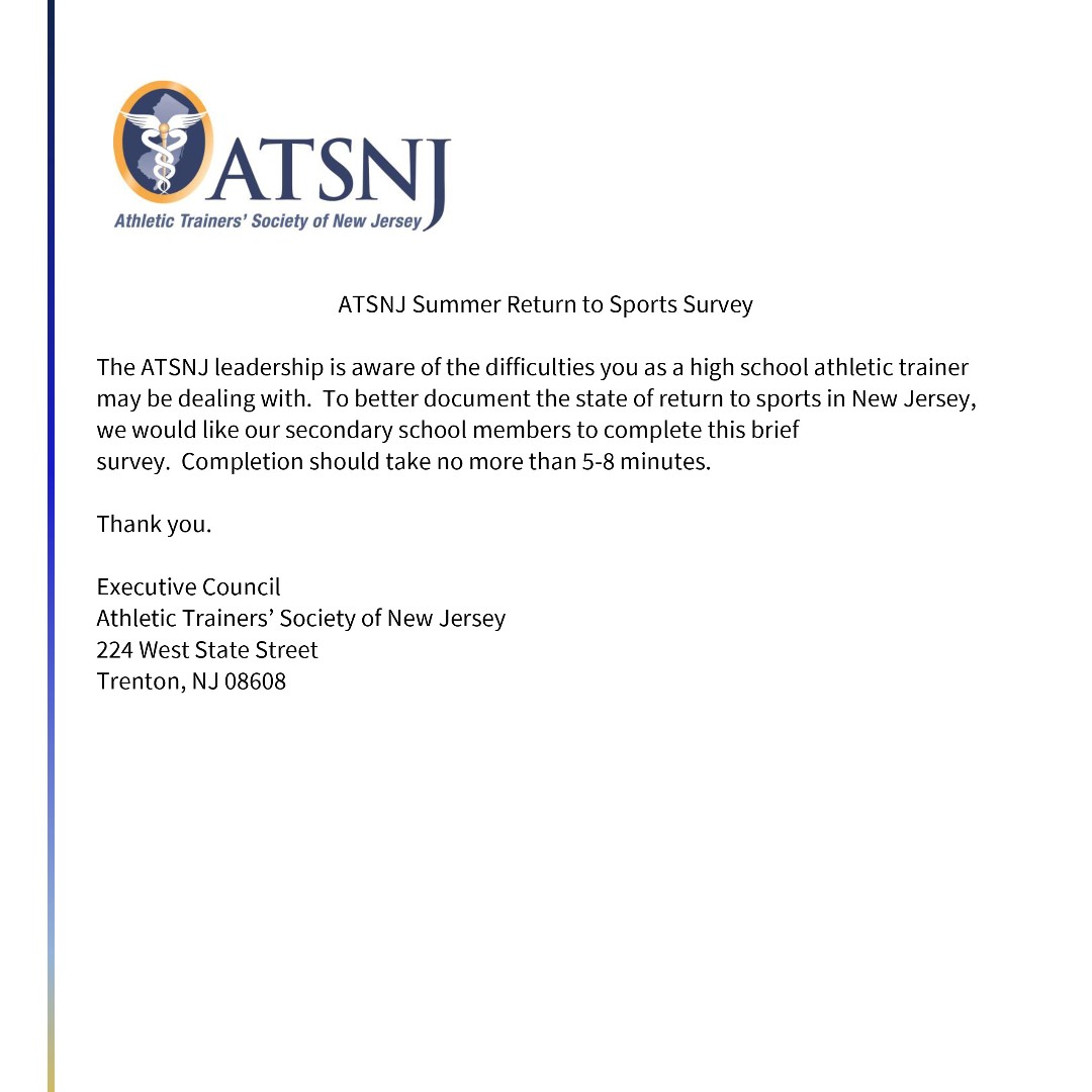 All secondary school ATSNJ members please remember to complete the Summer Return to Sports Survey. surveymonkey.com/r/BNDS8J3