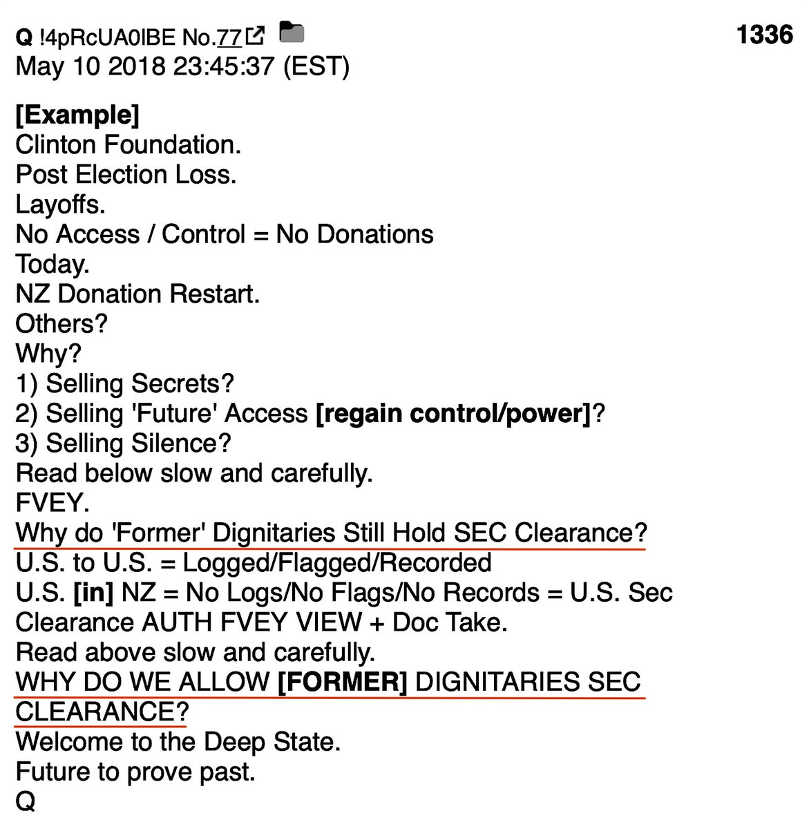 Why Do 'Former' Dignitaries Still Hold SEC Clearance?Welcome To The Deep State.Q#1336