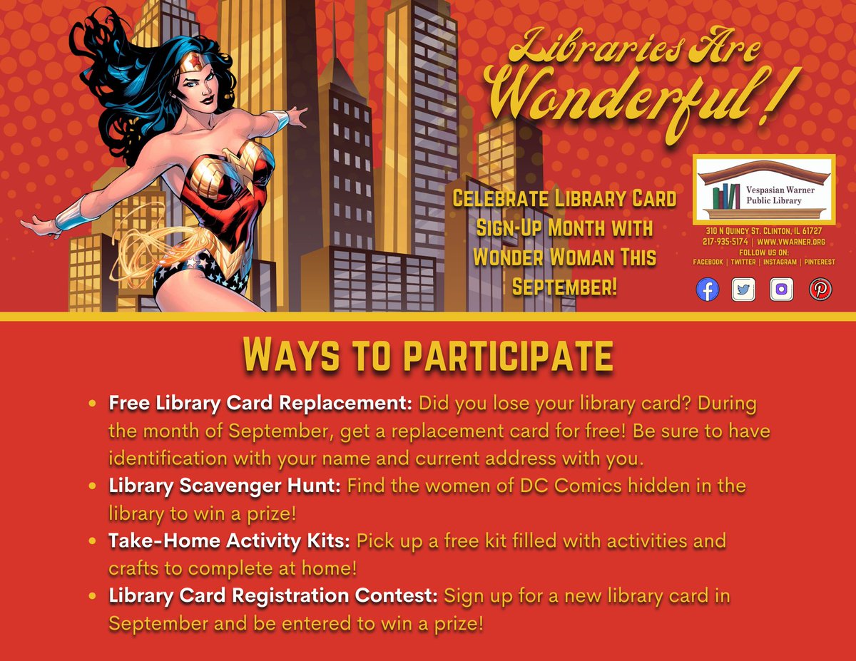 Celebrate Library Card Sign-Up Month with Wonder Woman this September!  Everyone can join in the fun. Stay tuned for additional details coming soon. The fun begins on September 1! #LibraryCardSignupMonth #LibraryCardHero #VespasianWarner