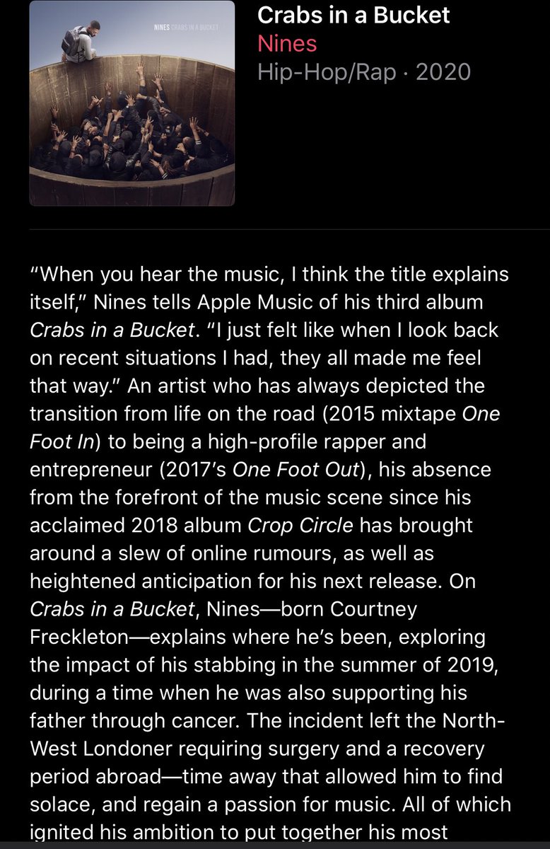 SamFloating's tweet photo. Pleased to have been commissioned by @AppleMusic to interview @nines1ace and write the editor notes for his latest work Crabs In A Bucket. A pleasure and a really good listen ✨ https://t.co/XzKvIjb0Om