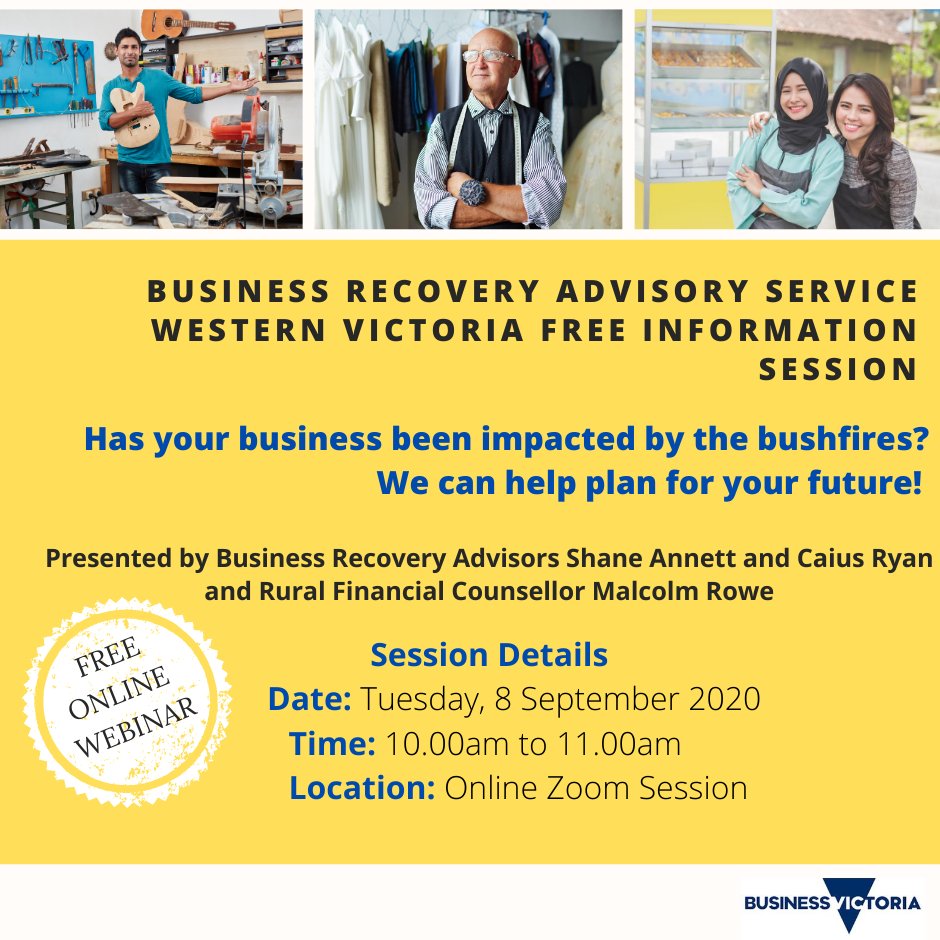 The Business Recovery Advisory Service is free to any business owner/operator in Western Victoria that was impacted by the 2019-20 bushfires.

Learn how our Business Recovery Advisers can help position you in the long term.

Register here: eventbrite.com.au/e/117363083141