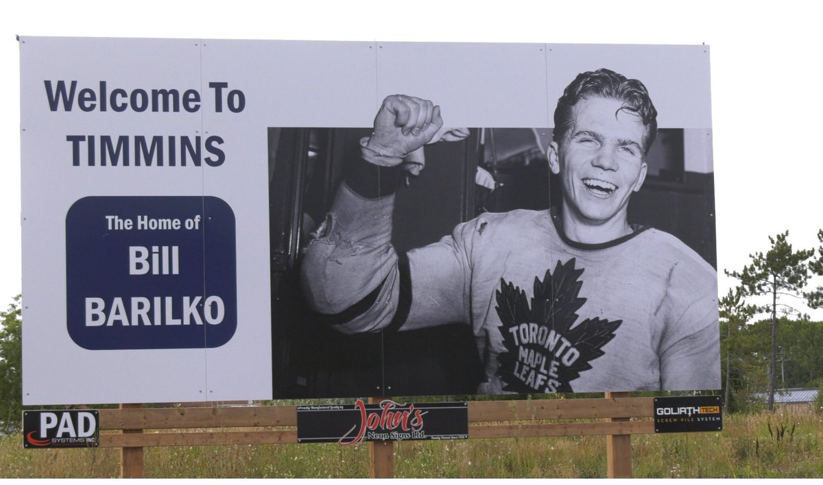 LeafsAlumni's tweet image. A new ‘Welcome to Timmins’ sign was unveiled yesterday on the 69th anniversary of Bill Barilko’s disappearance. #TMLA #LeafsForever