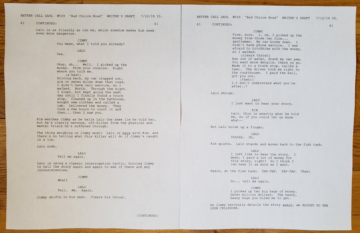 TomSchnauz's tweet photo. Part VII #CardToPage #BetterCallSaul 509 "Bad Choice Road" Tell. Me. Again.
1st card: Pina Colada line that @mrbobodenkirk wisely pulled back from. Attempt to be casual off top didn't work, so cut.
Fish tank important prop for tension, &amp; to get Lalo/Kim in line of Mike's scope. https://t.co/kf7Wb5GbGI