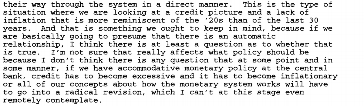 Fast forward to the 1990's. Inflation was actually a little lower than expected, but the idea that cheap credit would eventually beget higher prices still seemed logical, and the Fed stuck with it. Here's then-Chair Greenspan in 1994.