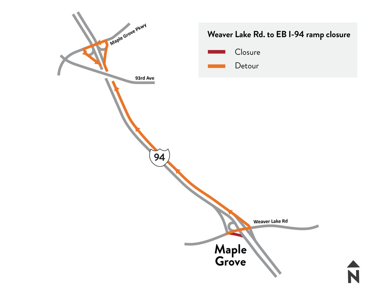 WCCOAMTraffic's tweet photo. Heads Up Maple Grove - Beginning Monday August 31st the ramp from Weaver Lake Rd. to Eastbound I-94 will close through Monday, September 28th. Detour is Westbound I-94 to Maple Grove Pkwy. to Eastbound I-94. https://t.co/TSrQFJRq7m