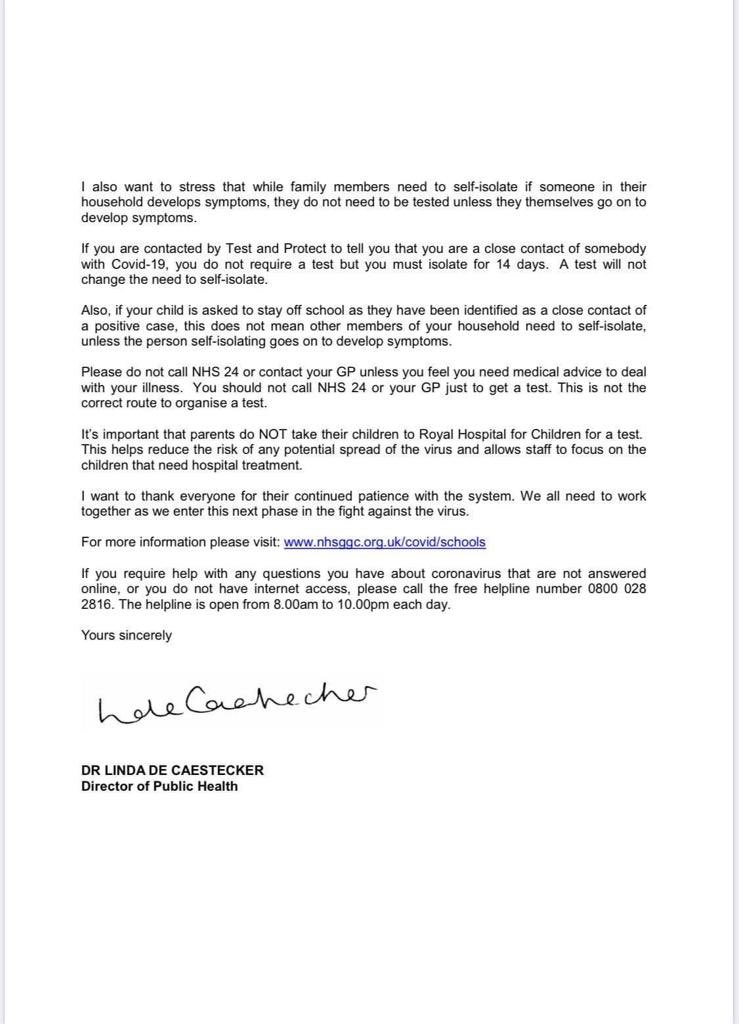 StMonicaMilton's tweet photo. An important message from the Director of Public Health Glasgow has been emailed out tonight. Please have a read as it has up-to-date information about COVID-19 testing. #keepinginformed #besafe https://t.co/bF41TnxbqR