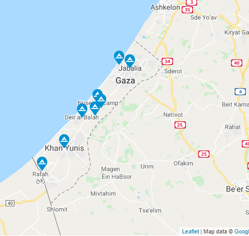 1/4 The Gaza Strip is home to 8 major refugee camps:1. Beach camp: 85,628 refugees living on 0.2 mi²2. Bureij camp: 43,330 refugees3. Deir El-Balah Camp: 25,569 refugees4. Jabalia Camp: 113,990 refugees living on 0.54 mi²5. Khan Younis Camp: refugees 87,816source: unrwa