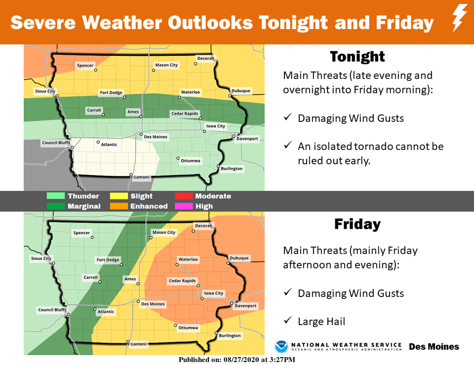 NWSDesMoines's tweet photo. Severe outlooks for tonight and Friday. North is at risk tonight and eastern into central and southern Iowa on Friday. #iawx #iowaweather https://t.co/mEBxRaoQ6f