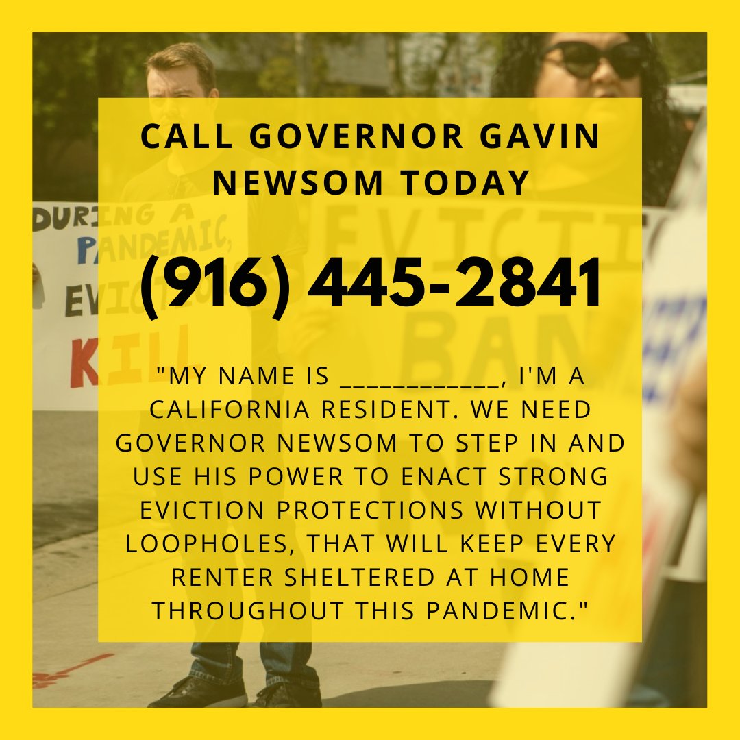 TenantsTogether's tweet image. Today the legislature must finalize a deal to pass on Monday, or face an avalanche of evictions Tuesday. Call @GavinNewsom NOW

Hoy, la legislatura debe finalizar un acuerdo para aprobarlo el lunes, o enfrentarse a una avalancha de desalojos el martes. Llame a @GavinNewsom AHORA.